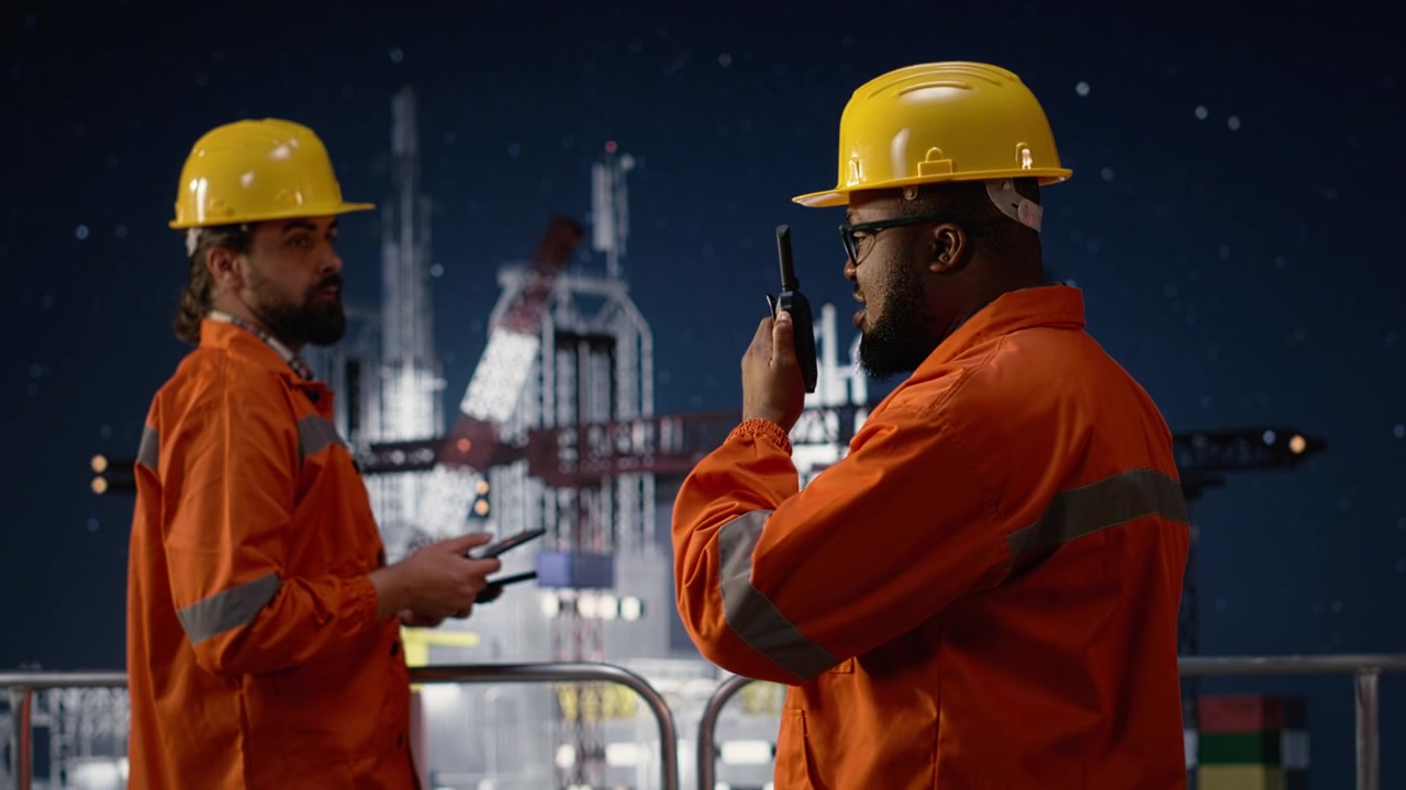 Taler i walkie-talkie, global oliekrise og mænd på offshore-boreplatform.