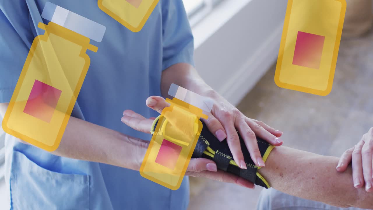 animación de una caja con iconos de píldoras sobre una mujer caucásica mayor y una enfermera haciendo ejercicio