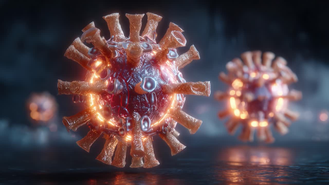 Detailed Visualization of a Viral Structure in Stunning 3D, Showcasing Intricate Surface Features and Glowing Elements Against a Dark Background