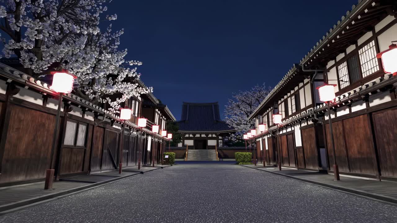 A serene night scene in a traditional Japanese street, captured from a low angle