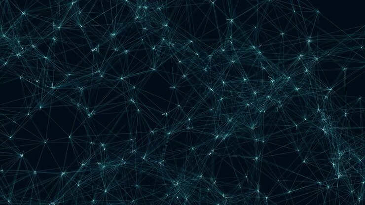 Denso campo di nodi luminosi color verde acqua e ciano collegati da sottili filamenti traslucidi riempie la vista in prospettiva frontale, con intersezioni luminose, profondità a strati, texture digitale e astratto