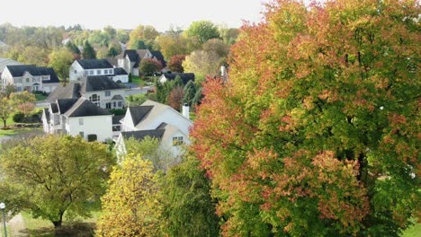 Giro-Aéreo-Muestra-Hojas-De-árboles-De-Colores,-Follaje-De-Otoño-Que-Cambia-De-Verde-A-Tonos-De-Rojo,-Naranja,-Amarillo-En-La-Comunidad-Residencial-De-EE.UU.