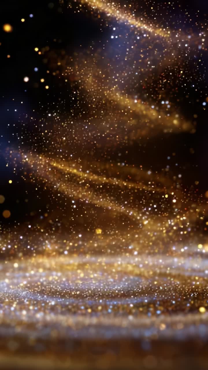 Una spirale accattivante di polvere d'oro luccicante con particelle scintillanti che creano una serena atmosfera cosmica in un vortice mistico di luce e colore