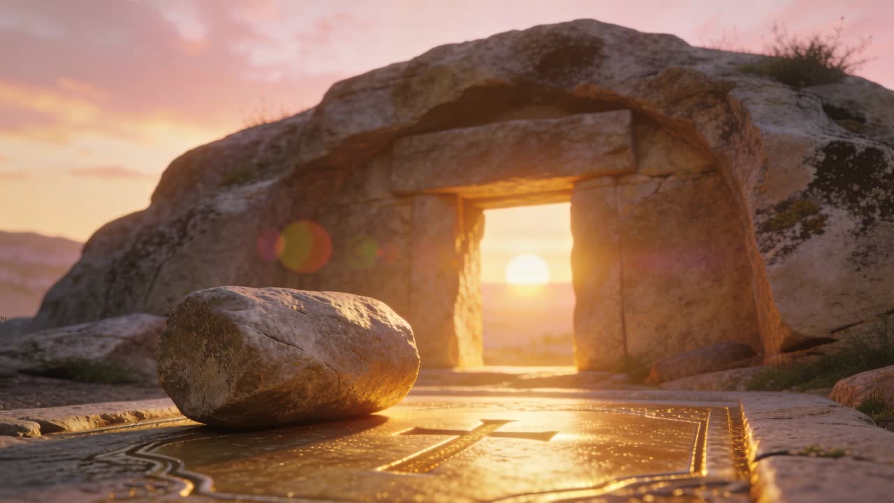 Inquadratura di un ingresso scavato nella roccia che mostra un bagliore di lente del sole nascente sopra una lastra scolpita con un masso arrotondato.