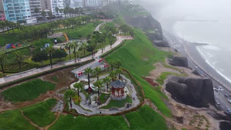 Drone-4k-footage-of-a-chinese-themed-public-park-in-Lima,-Peru