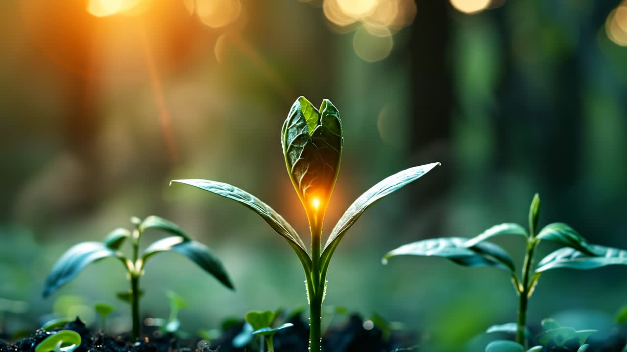 New plants thrive in sunlight. New plants rise from the soil in a forest under warm sunlight. The scene shows growth and life in nature during daytime