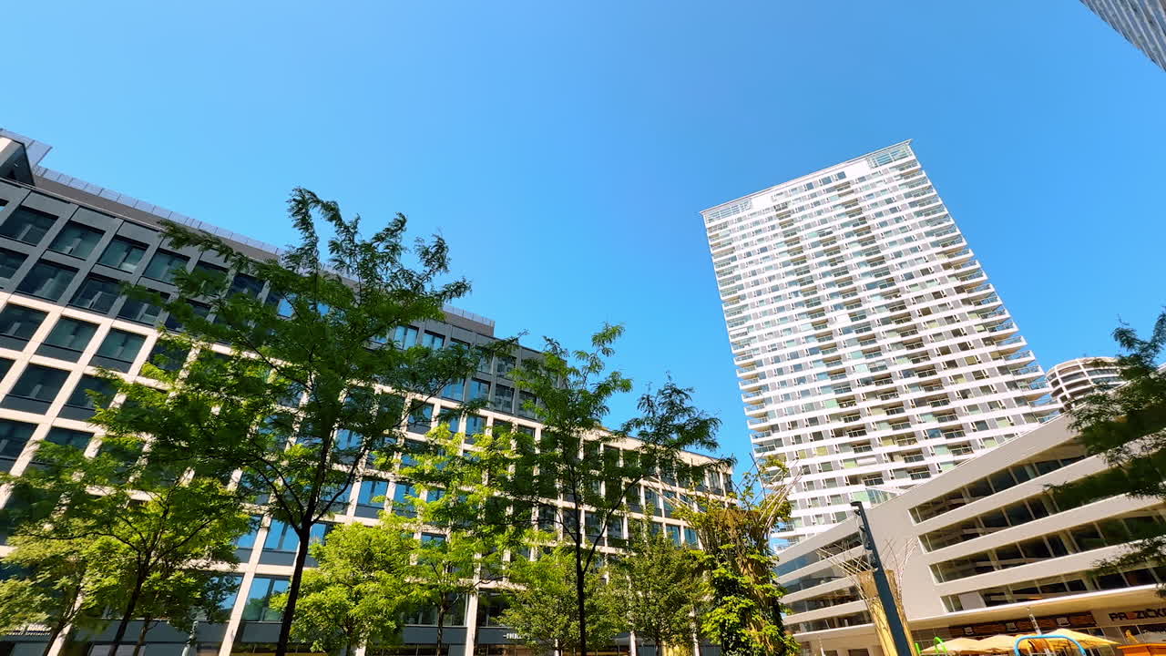Modern architecture under clear blue sky. Sleek buildings rise alongside lush trees in an urban setting on a bright sunny day