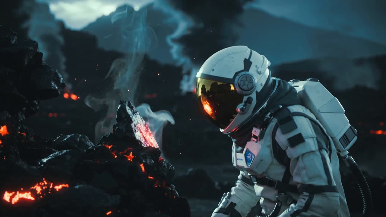 Fumarola fumante che attira un astronauta in tuta verso una roccia calda su un campo di lava, che la tocca per controllare, con spazio per il testo.