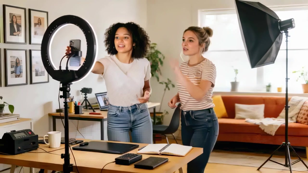 Checking shot two female creators adjusting phone on ring light at home studio, recording content