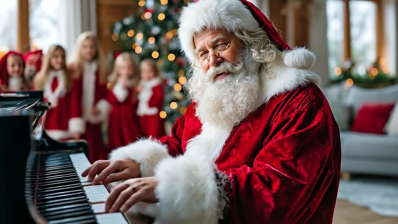 A man dressed as Santa Claus playing a piano in front of a group of children