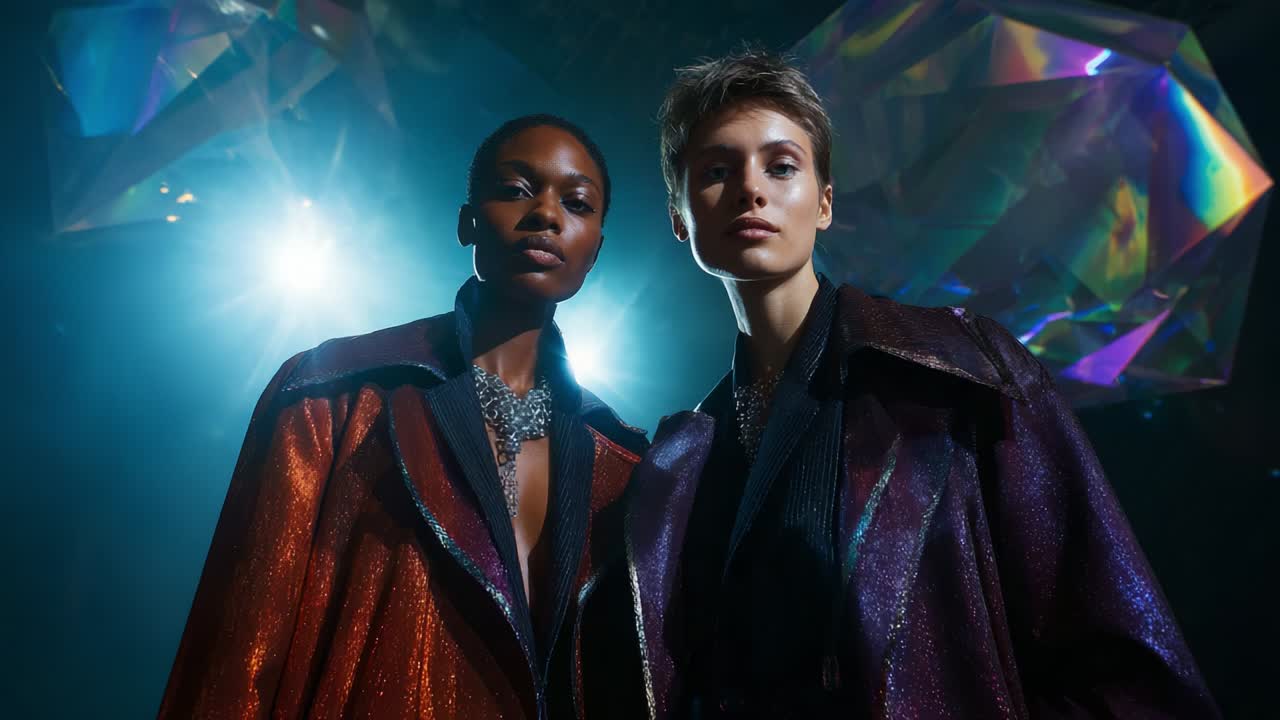 Striking Elegance: Two Models Showcase Stunning Fashion in Vibrant Coats Under Dazzling Lights, Highlighting Modern Style and Glamour in a Chic Atmosphere of Artsy Aesthetics
