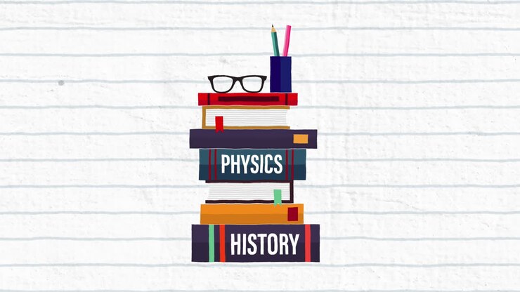 Animation of pen holder and glasses over stack of books against white lined paper background