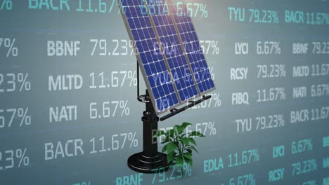 animación del procesamiento de datos del mercado de valores a través de paneles solares y muestreo de plantas en fondo azul