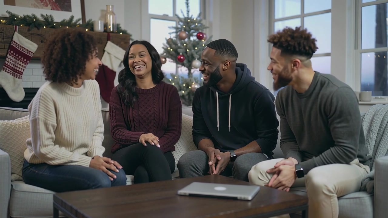 Placing silver laptop, group in sweaters waving and laughing in living room on holiday call