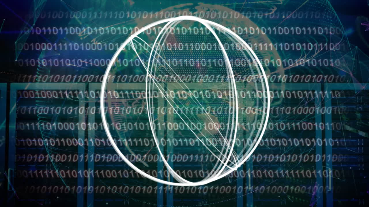 Animation of circles rotating over data processing in blue and black space