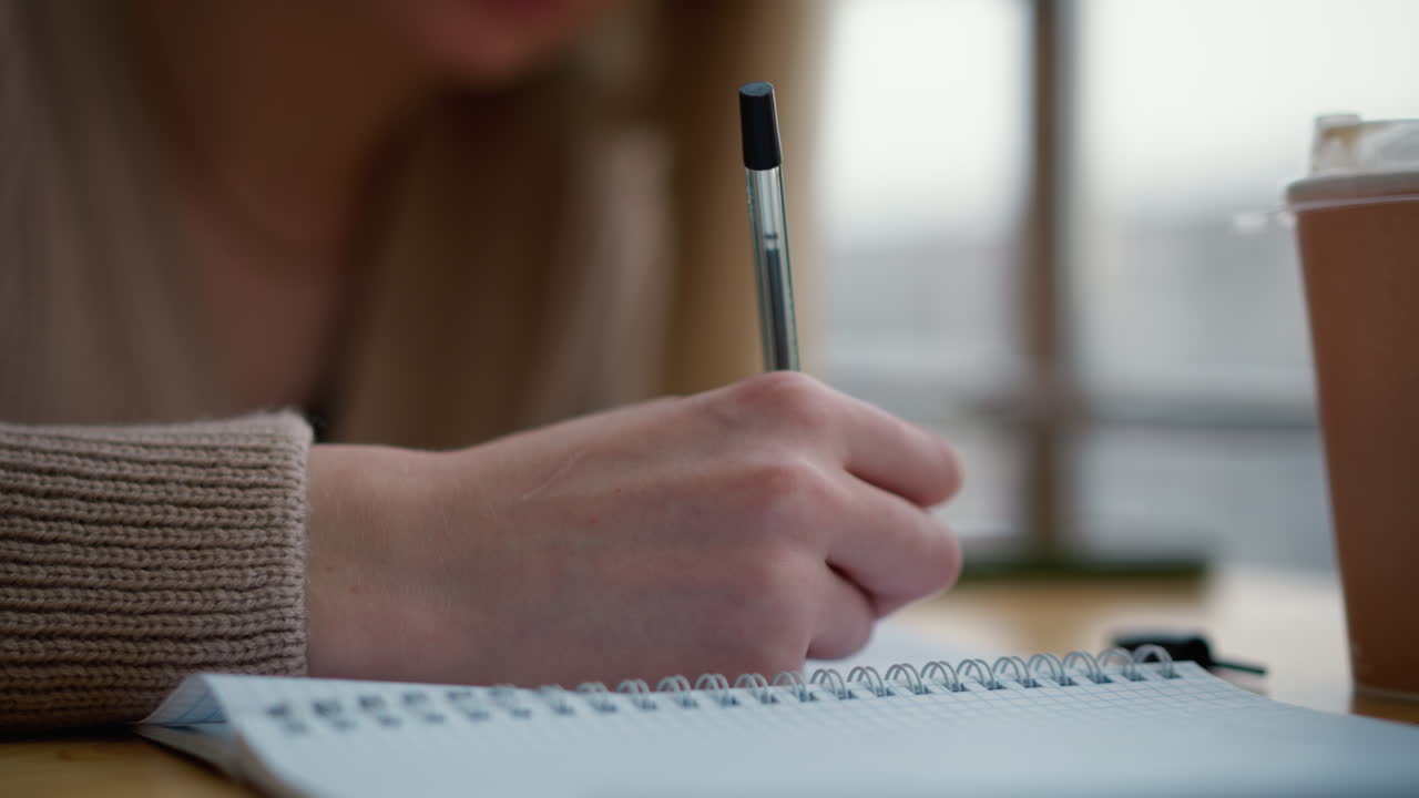 Close-up of hand holding pen over notebook, ready to write, with coffee cup on wooden table in soft blur, captures focus, creativity, and contemplation in a quiet writing moment