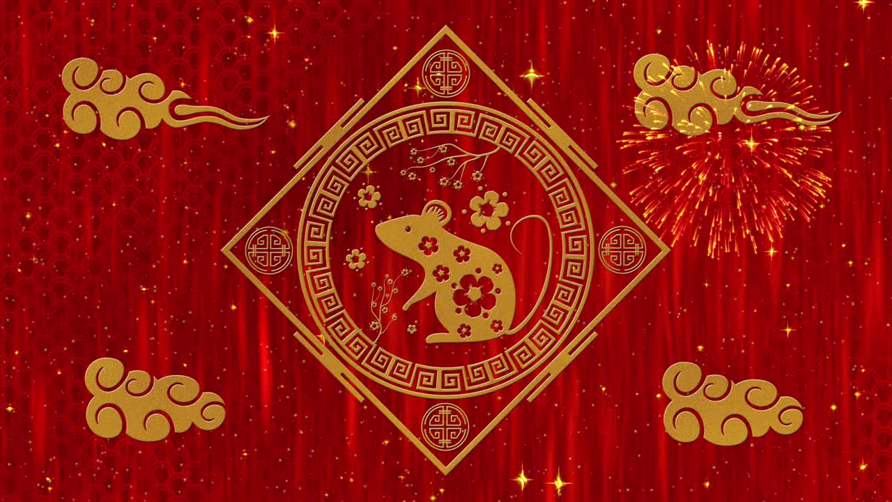 año nuevo lunar, fondo del festival de primavera con rata dorada, fuegos artificiales, estrellas brillantes y nubes. año nuevo chino telón de fondo de papel rojo para el evento de vacaciones. animación de renderización 3d bucle sin costuras 4k video