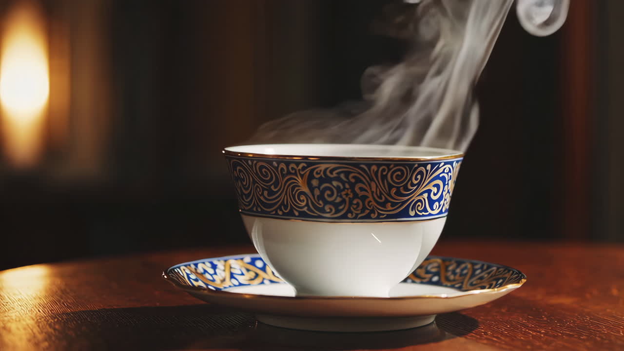 A steaming cup of tea in a beautiful porcelain cup