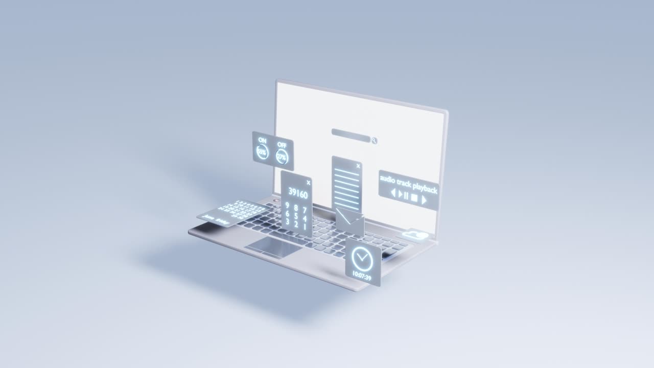 portátil multimedia tecnológico con iconos de programas abiertos.