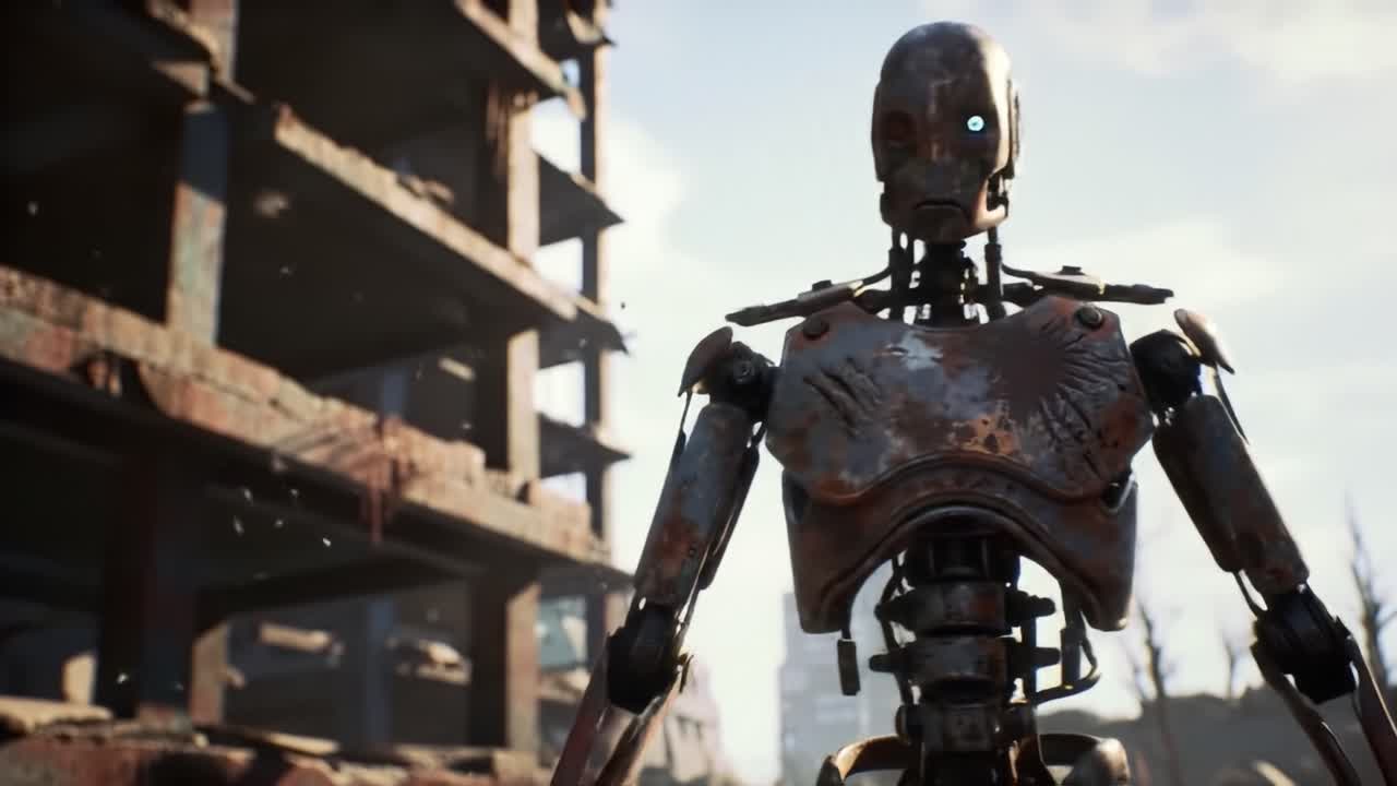 A robot stands among the ruins of a city, showing signs of wear and age. Its glowing eye reflects a history of survival, while the environment hints at a forgotten past.