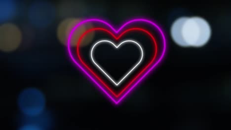 Animation-of-pink-red-and-white-concetric-neon-hearts-flashing-on-bokeh-city-lights-background