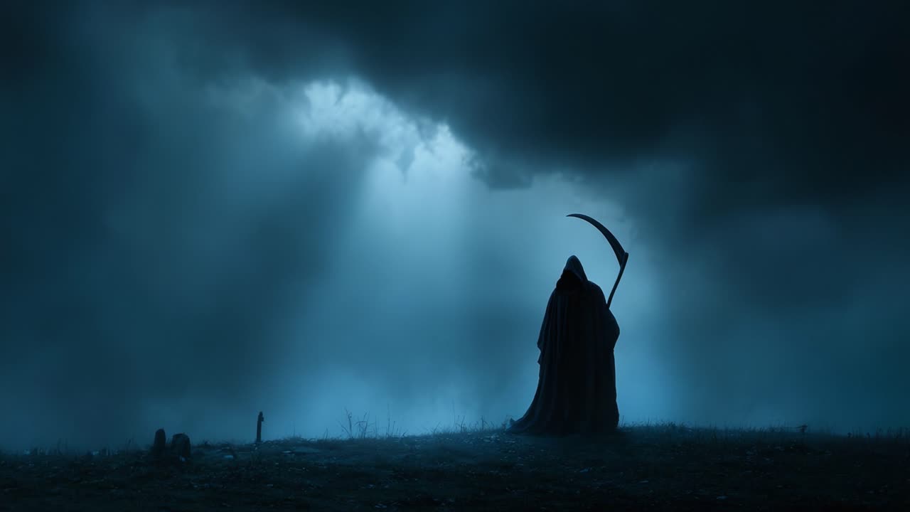 Una Solenne Figura della Morte Sola in un Paesaggio Oscurato, Avvolta da Nuvole Minacciose e Illuminata da un Sprazzo di Luce, Evocando Temi di Mortalità e Mistero