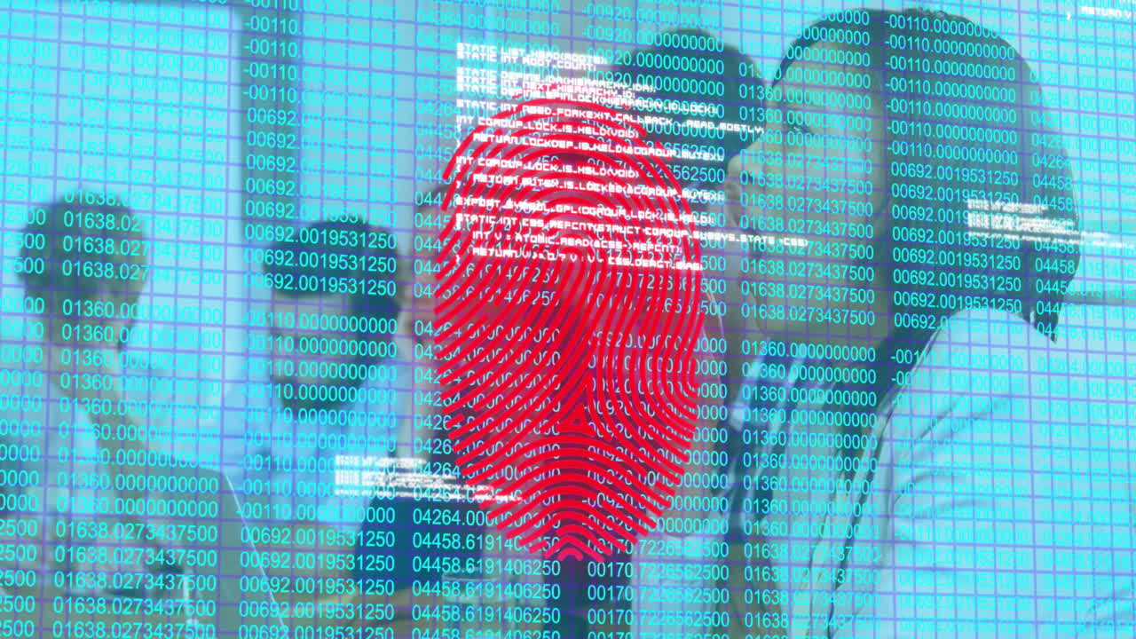 Animation of fingerprint and binary code overlaying professionals working in technology