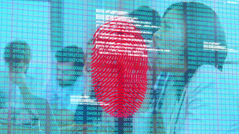 animation of fingerprint and binary code overlaying professionals working in technology