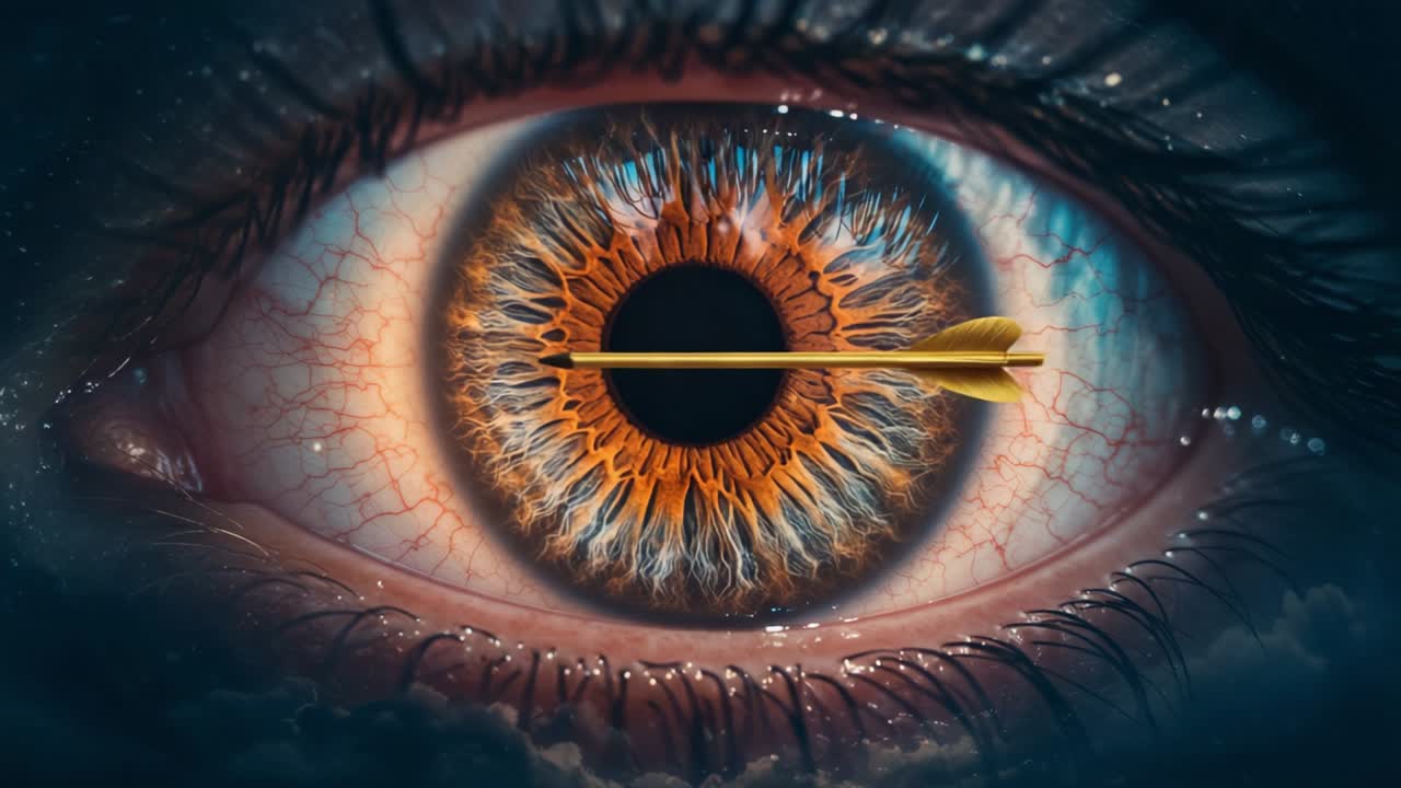 A Stunning Visual of an Eye with an Arrow Piercing Through the Iris, Captivating the Intricate Details and Fiery Colors of the Iris in an Artistic Representation