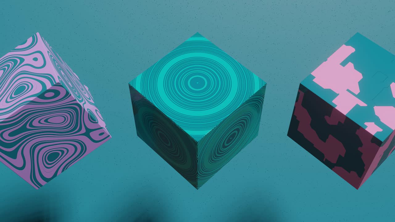 cubos multicolores con patrones abstractos en un fondo verde. bucle sin costuras animación abstracta en 3d