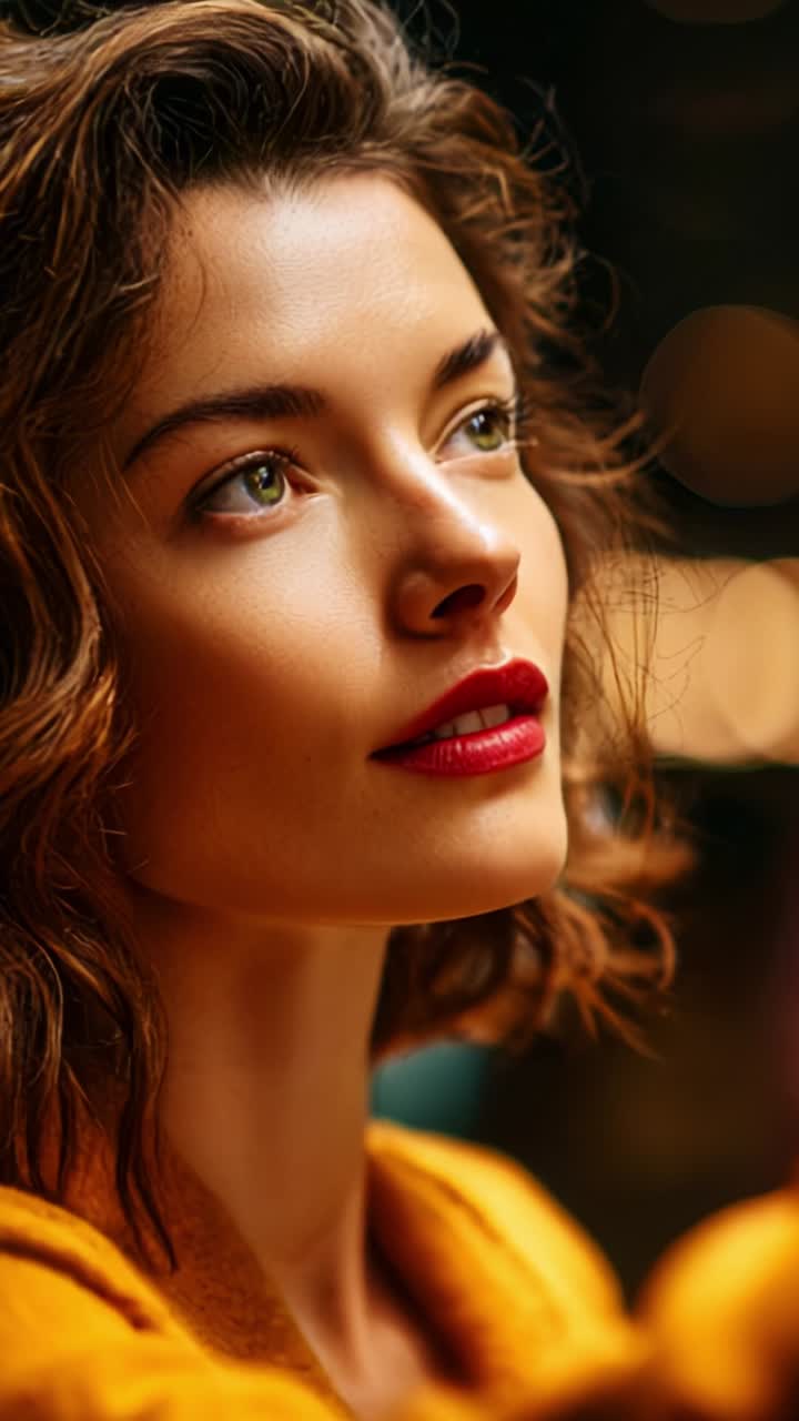 Ritratto accattivante di una donna con capelli ricci che mette in risalto eleganza e bellezza, con particolare attenzione al suo viso e alla sua espressione in un ambiente con illuminazione soffusa