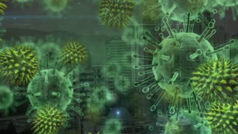 animación del virus de la corona verde con la ciudad en el fondo