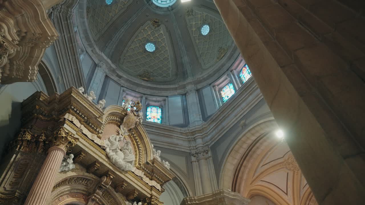 detailed church interior dome and altar with stained glass windows