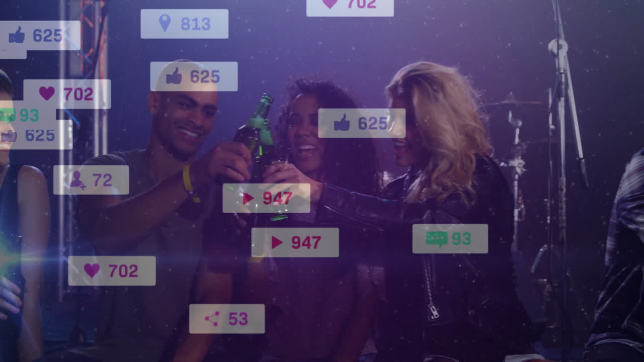 Friends raising beer bottles, celebrating club night for social media marketing with floating icons