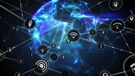 animation of network of connections with icons over globe on black