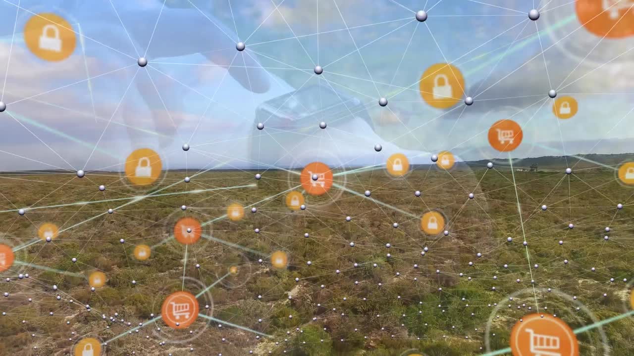 animación de conexiones sobre el paisaje y el hombre caucásico con reloj inteligente