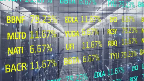 Animation-of-trading-board,-bars-and-connected-dots-over-server-room-in-background