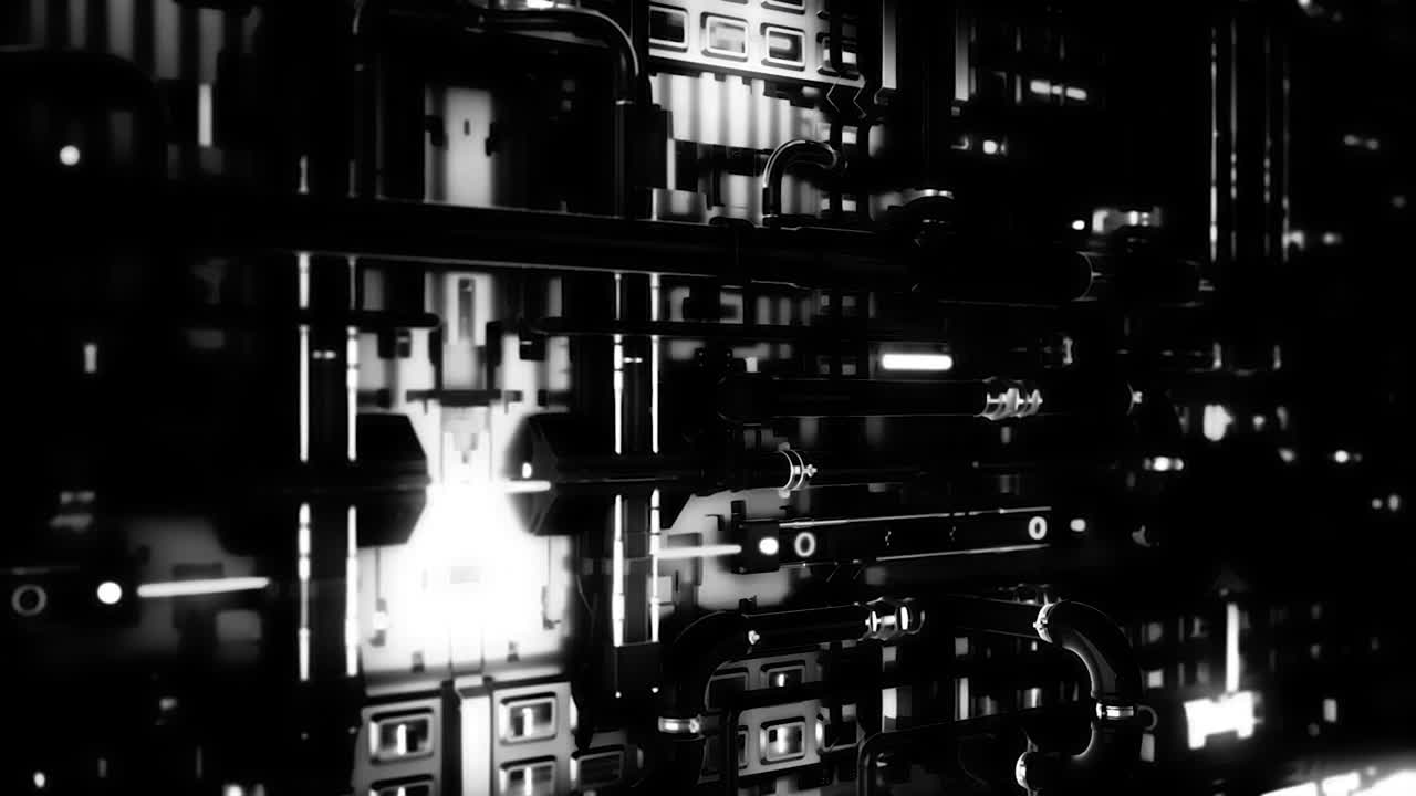 Abstract industrial background with black curved pipes and white light lamps, seamless loop. Animation. Moving slowly along the different parts of a machine