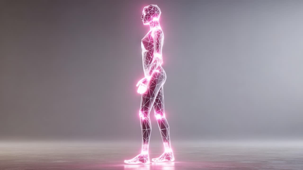 Een Futuristisch Conceptuele Weergave van een Lopende Menselijke Figuur met Neonverlicht Draadframe Matrix, Toont Beweging en Digitale Kunst in een Moderne Esthetische Context