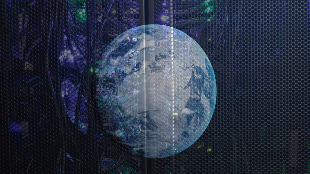 Animation of rotating globe over illuminated back panel of server rack in server room