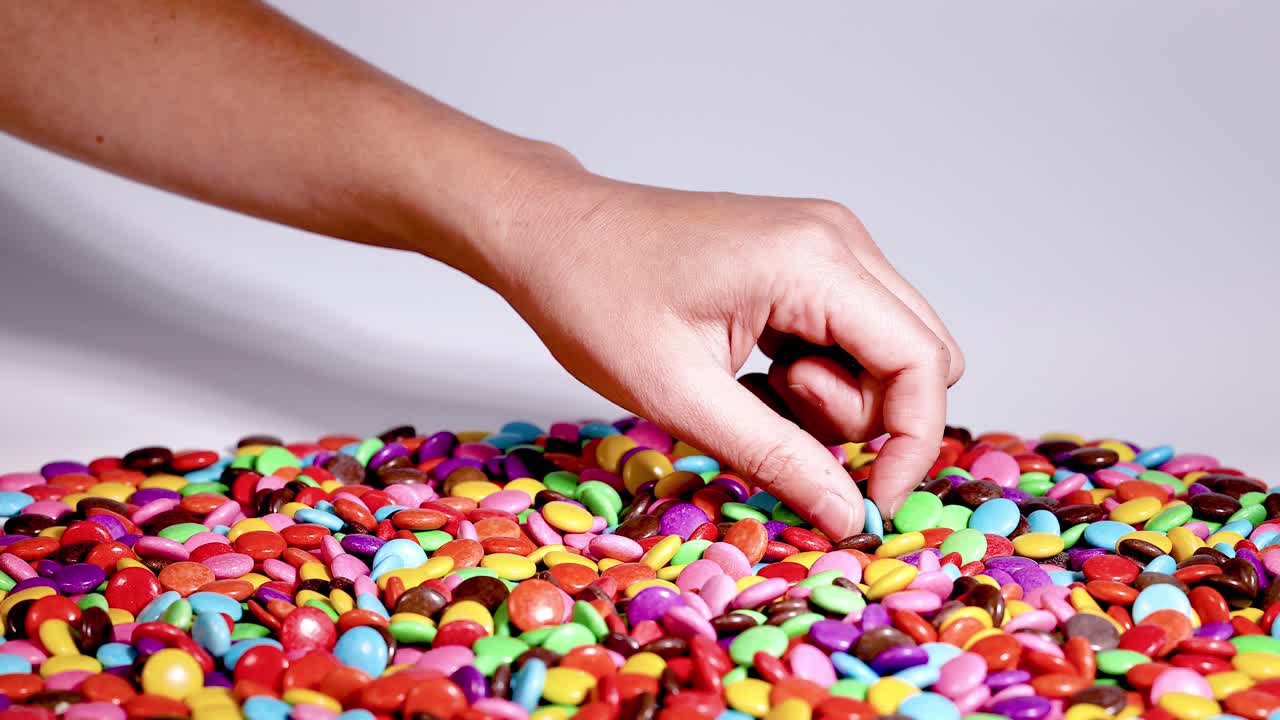 recogiendo caramelos a mano de una pila de colores