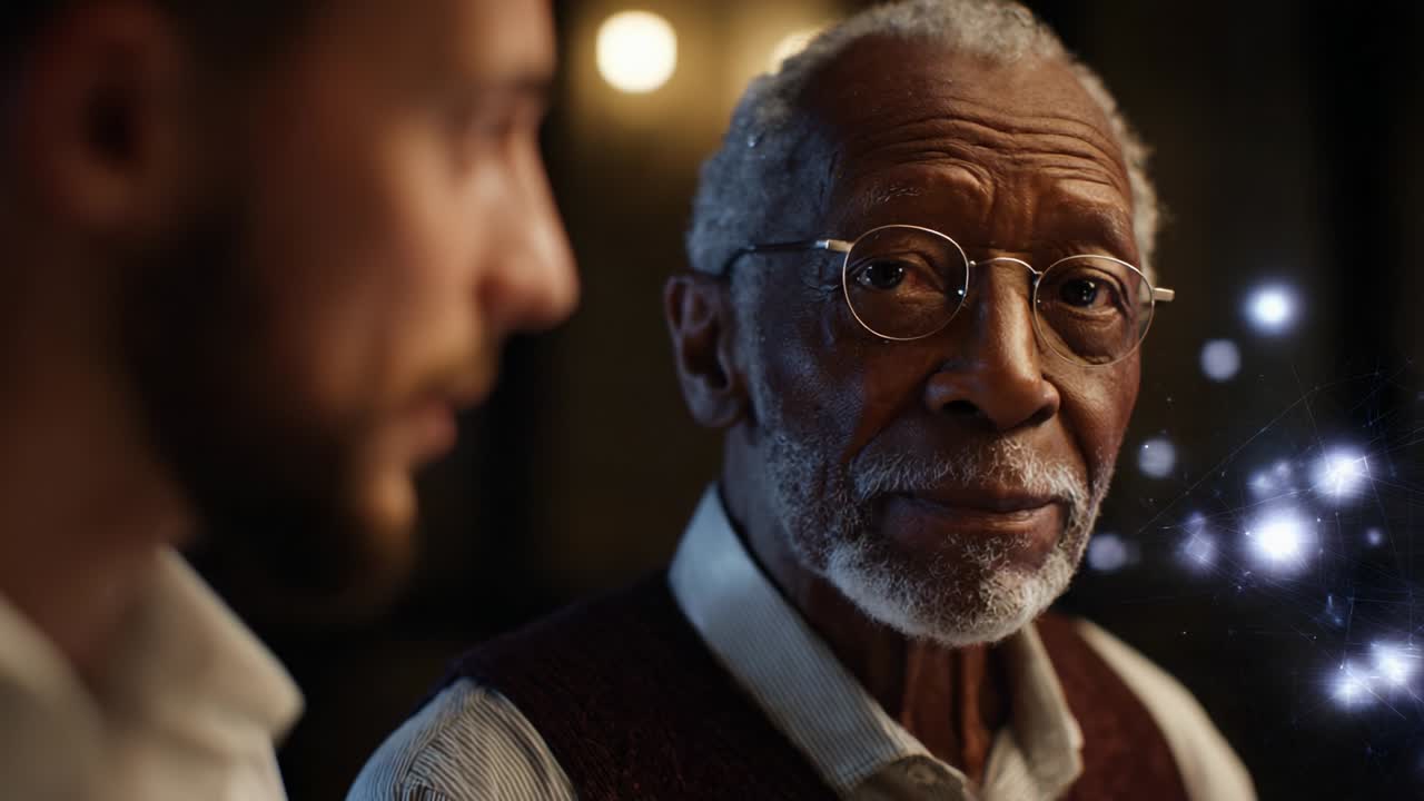 A Thoughtful Conversation: An Elderly Man Engages Deeply with a Younger Individual, Illustrating the Wisdom of Experience and the Value of Intergenerational Dialogue in a Warm, Intimate Setting