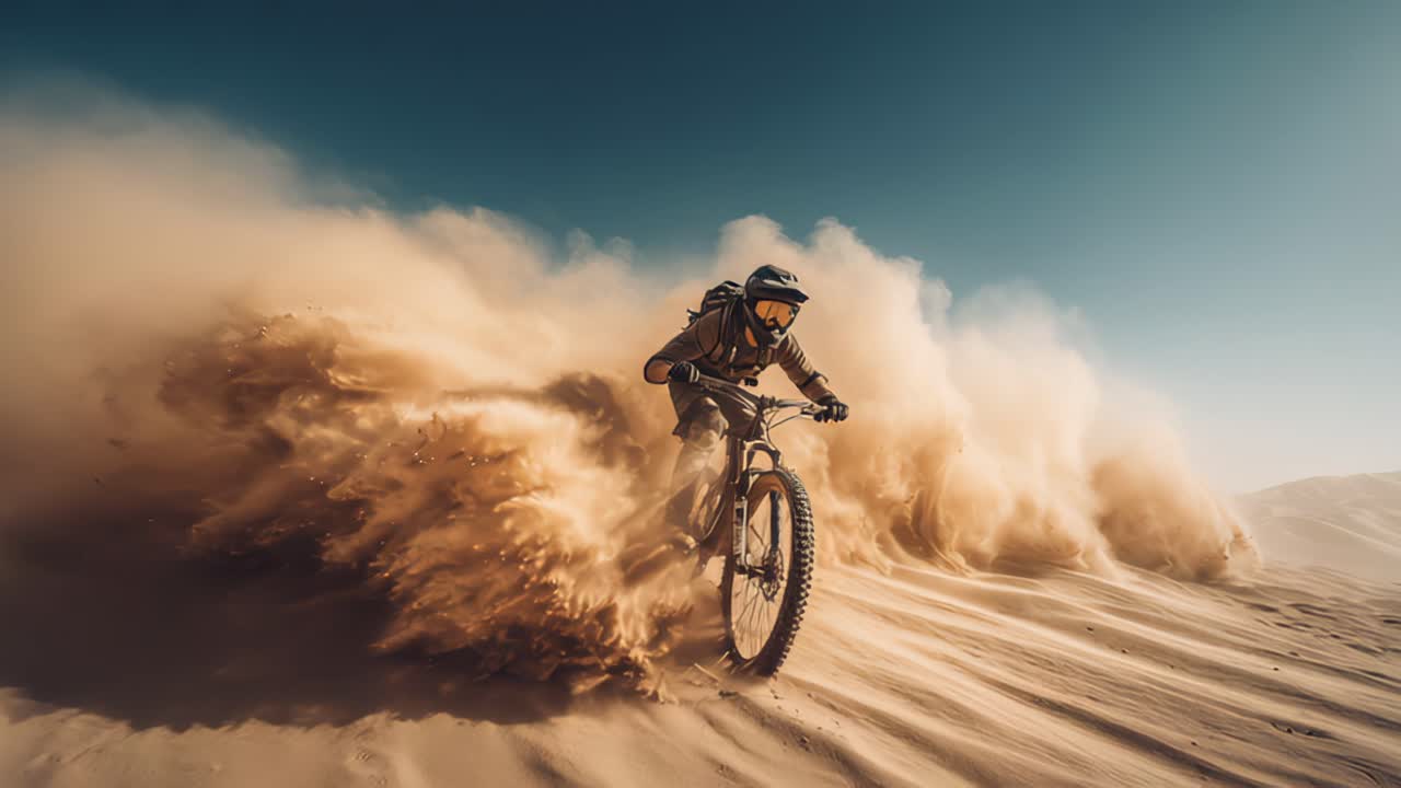 Sand dune biking cyclist in desert with flying sand