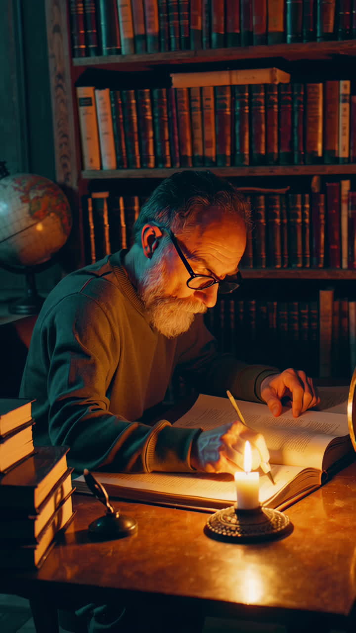 Elderly Man Reading in a Library