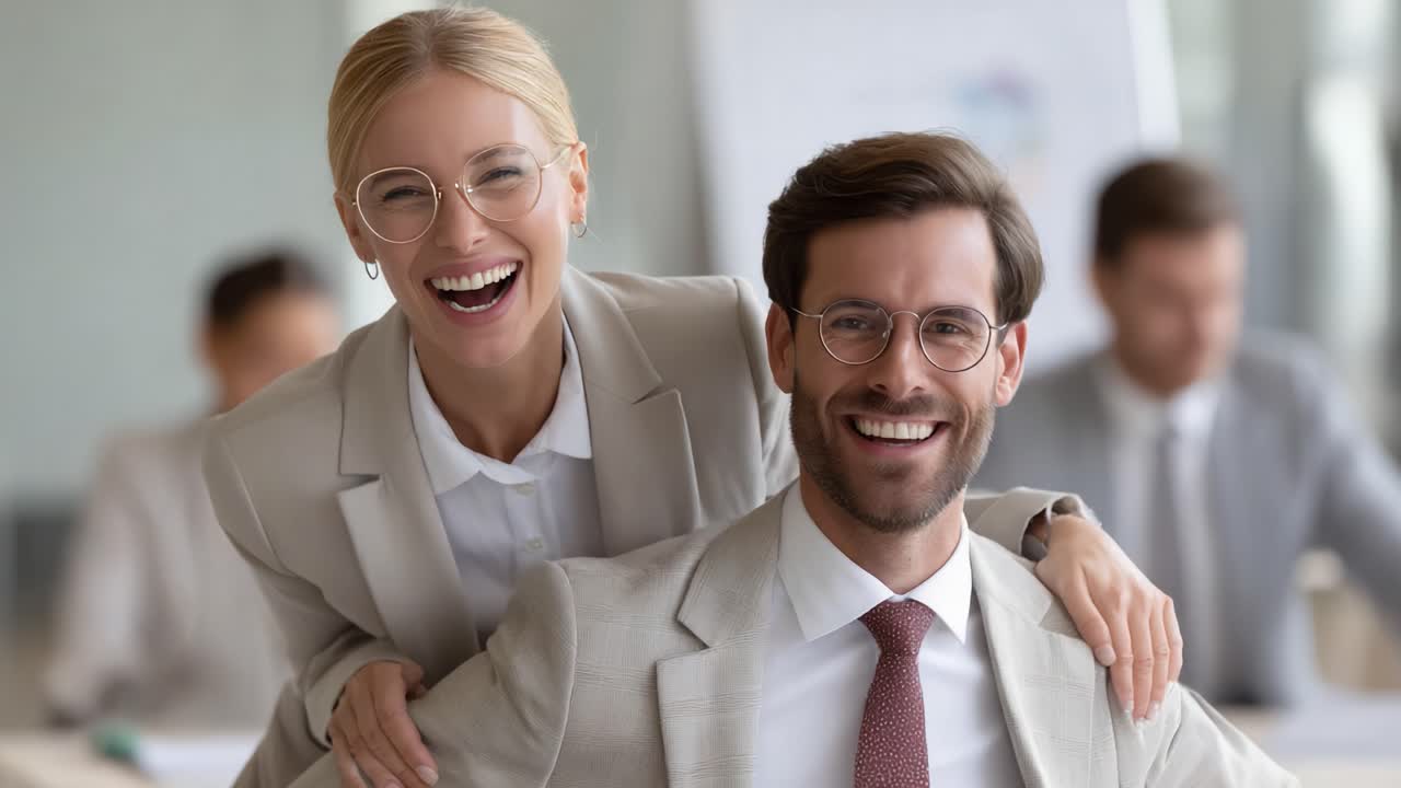 Cheerful Business Partners Sharing a Light Moment in a Professional Office Setting, Radiating Positivity and Team Spirit While Engaging in Work Activities