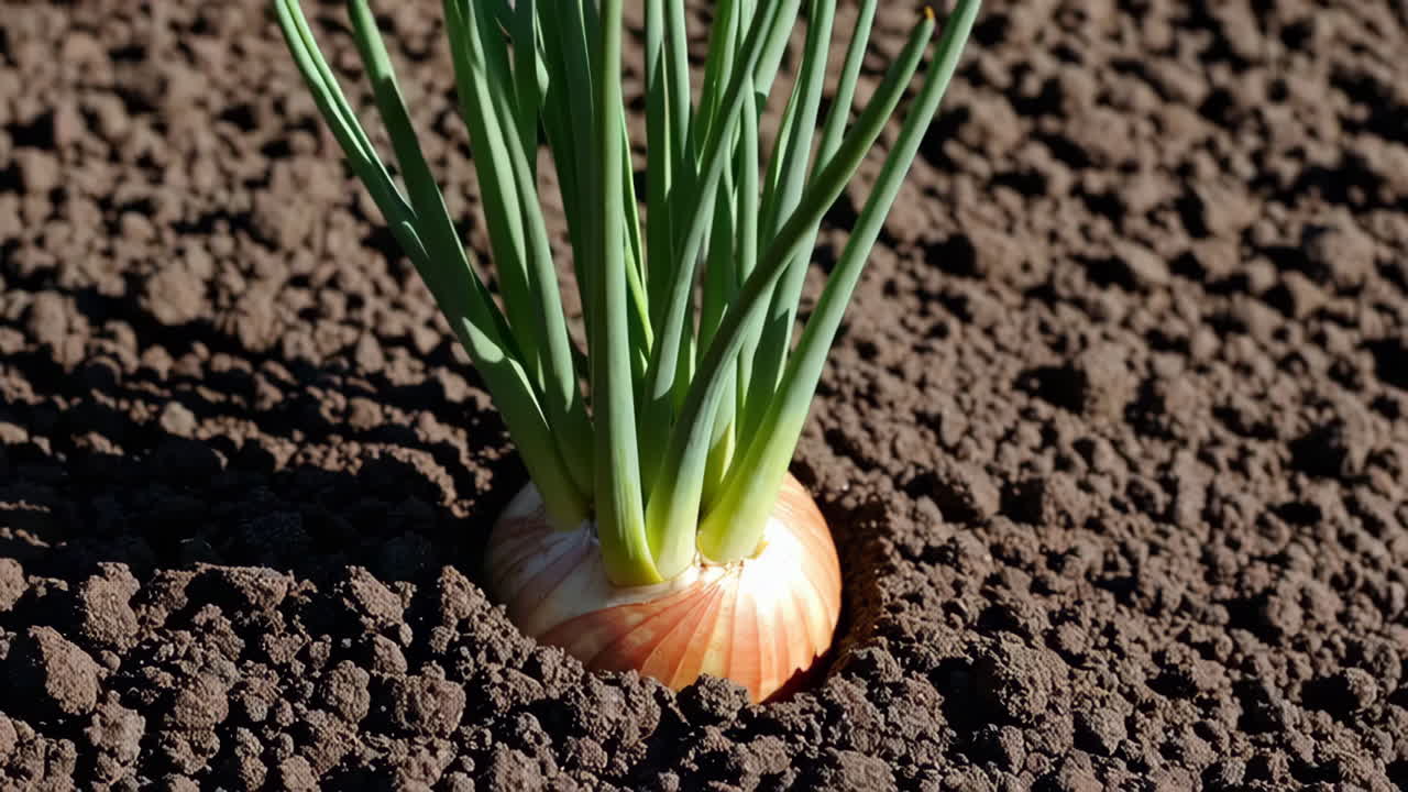 Onion Plant Growing in Garden Soil