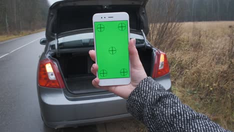 close up hand of woman using vertically smartphone green screen