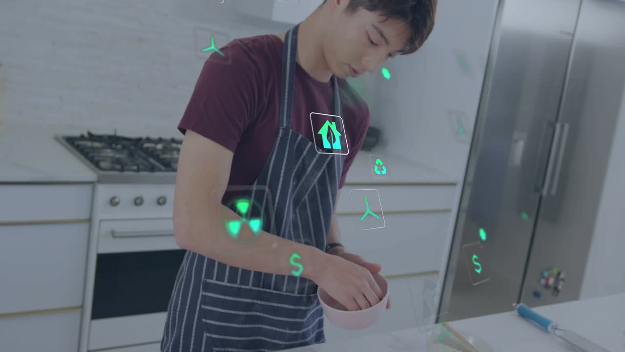 Teen grabbing pink bowl pinching toppings finishing pizza for food while AR icons crossing hands