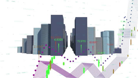animation of financial graphs over modern buildings in white space