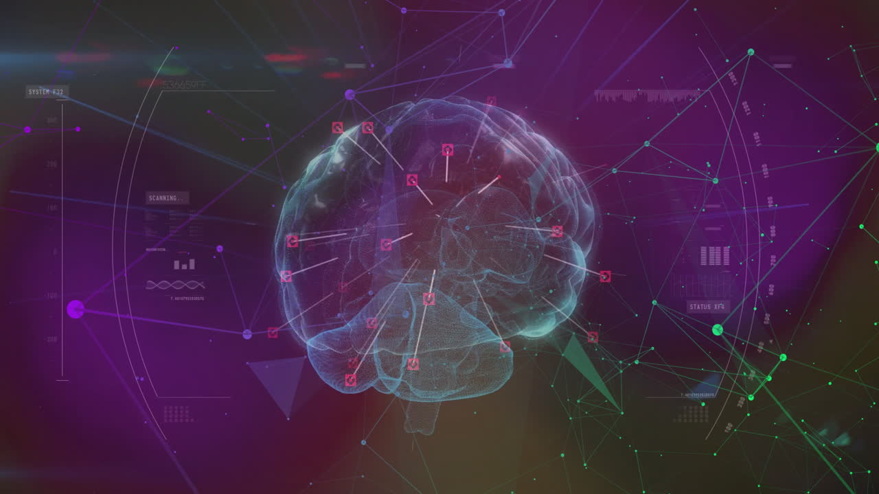 Digital animation of brain with data points and connections on purple background